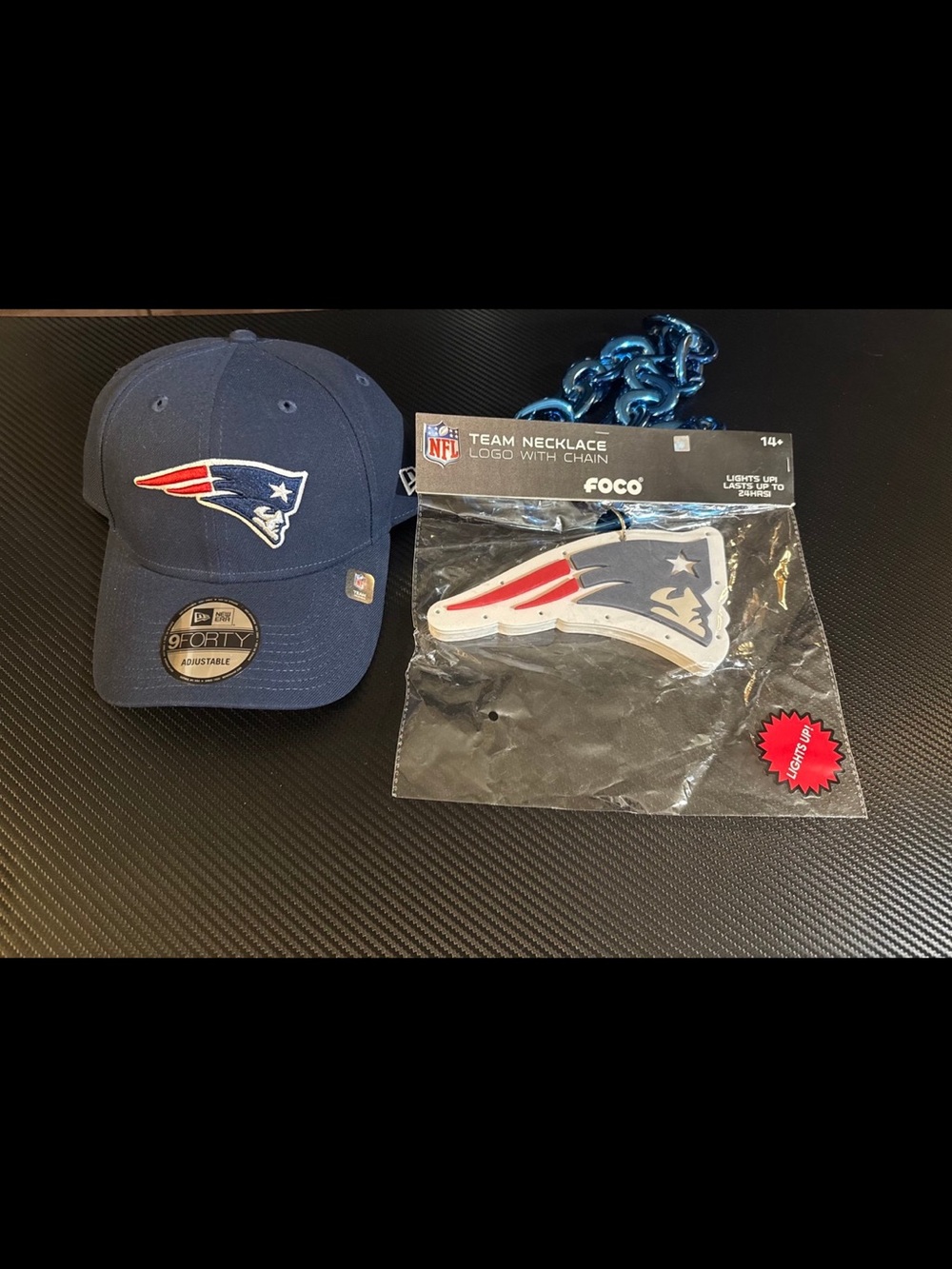 NFL New England Patriots Navy Blue Red White Logo Hat and Team Necklace Set